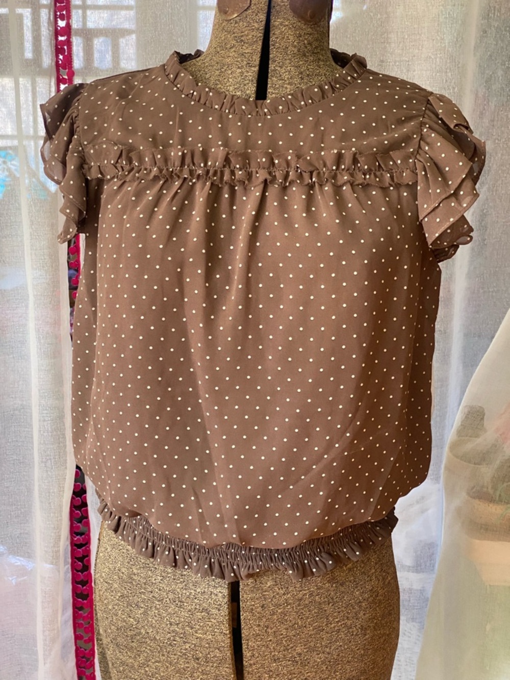 NWT 1 State Brown White Polka Dot Ruffle Sleeve Women's Top Size L Coquette Girl